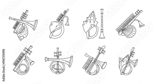 Line art illustration of various historical wind and stringed musical instruments
