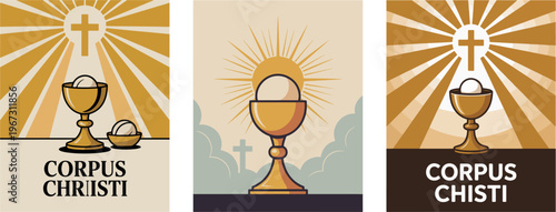 Corpus Christi chalice and host with golden rays and cross