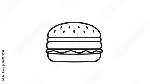 Hamburger icon with sesame seeds on top bun, a simple black and white line art design representing fast food.