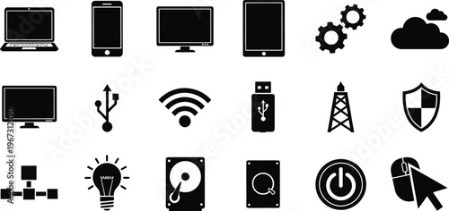 Collection of icons representing various technology and digital concepts