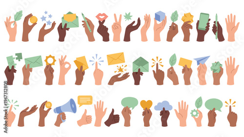 Collection of various hand gestures showing different actions and emotions.