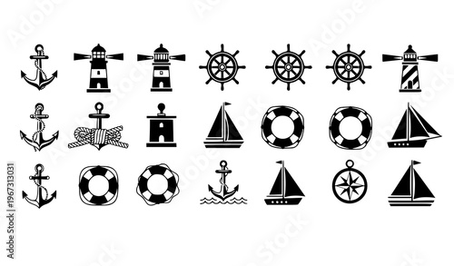 Minimal nautical icon set anchor lighthouse ship wheel lifebuoy marine vector isolated on white background