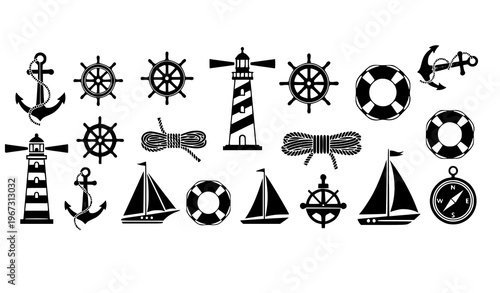 Modern nautical symbols anchor lighthouse wheel lifebuoy marine icon collection vector isolated on white