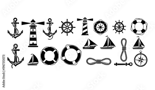 Nautical icon set anchor lighthouse ship wheel lifebuoy maritime vector illustration isolated on white background