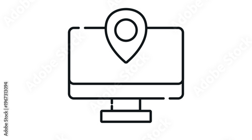 Desktop computer with location pin icon on screen, map pointer and navigation concept, black line vector illustration isolated on white.