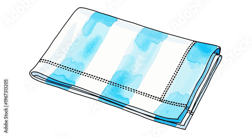 Folded blue and white striped beach blanket on white background  