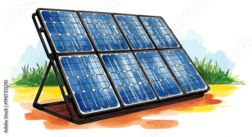 Solar panel installation with blue cells on grassy outdoor ground  