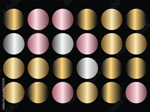 Round metallic gradient circles in gold silver and rose gold on black background 1