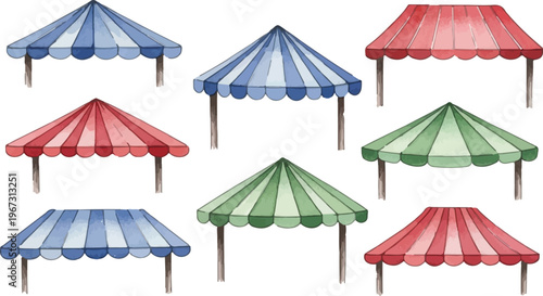 Watercolor striped awning collection, set of 8 vintage market tent canopies in red blue and green, hand drawn circus shop roof vector illustrations