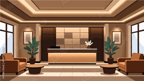 Modern hotel lobby with wooden reception desk comfortable seating and warm lighting vector illustration