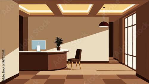Minimalist corporate lobby with curved reception desk chair and large windows vector illustration