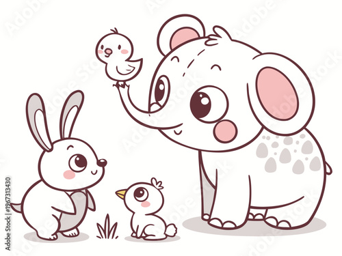 A set of adorable baby animals including a chubby baby bear, tiny elephant, fluffy bunny, and small chick, all with big round eyes, rosy cheeks, kawaii style, pastel colors, flat vector illustration, 