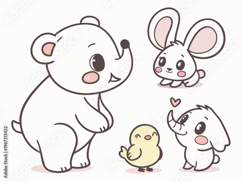 A set of adorable baby animals including a chubby baby bear, tiny elephant, fluffy bunny, and small chick, all with big round eyes, rosy cheeks, kawaii style, pastel colors, flat vector illustration, 