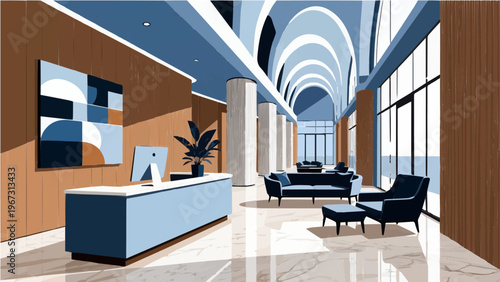 Stylish modern lobby with blue reception desk abstract art and comfortable seating vector illustration