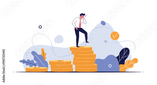 Stressed businessman standing on tall stacks of golden coins represents financial pressure and economic challenges in modern corporate life.