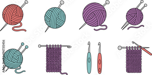 Illustration of Colorful Yarn Balls, Knitting Needles, and Crochet Hooks for Crafting, DIY, and Textile Projects