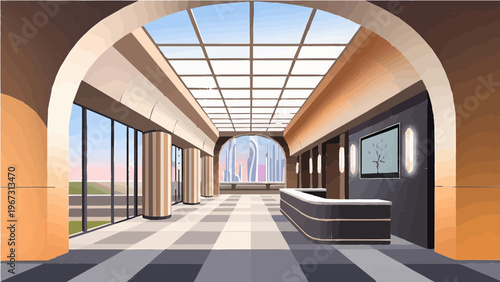 Modern lobby with large arched entrance glass ceiling and seating area vector illustration