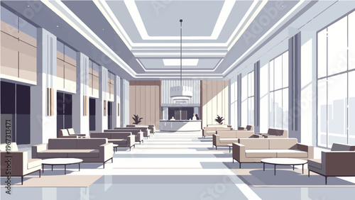 Air y bright lobby interior with seating areas large windows and high ceiling vector illustration