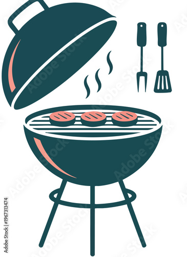 Grill with sausages and cooking utensils illustration