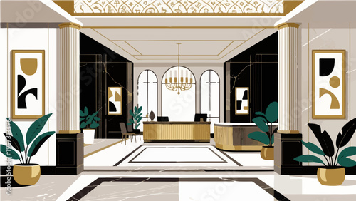 Luxury hotel lobby with gold accents chandelier reception desk and elegant seating vector illustration