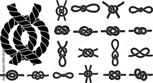 Collection of Black Nautical Rope Knots and Marine Loops Isolated on White Background for Decorative Sailing Elements, Sea Cordage Borders, and Maritime Vector Design