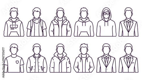 Set of various men in different outfits and hairstyles line art illustration.