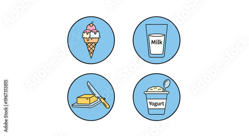 Set of four circular icons featuring essential dairy food items like a tri-flavor ice cream cone, a glass of milk, butter on a dish, and yogurt.