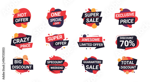 Large set of twelve vibrant promotional sale labels and discount stickers with various marketing text for retail offers and special shopping events.