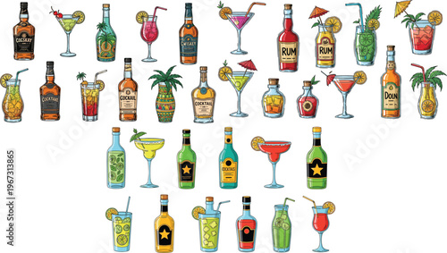 Colorful Cocktail and Alcoholic Drink Illustrations Featuring Rum, Whiskey, and Tropical Beverages for Bar, Party, and Beverage Design Projects