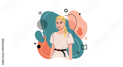 Stylish portrait of a young blonde woman wearing a white belted dress set against a background of colorful abstract fluid shapes and line art.