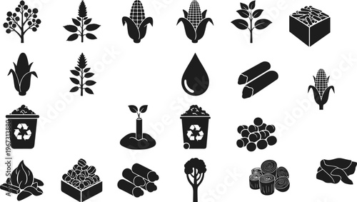 Comprehensive collection of black vector icons featuring corn on the cob, organic biomass pellets, sustainable fuel production, renewable energy resources, agricultural 