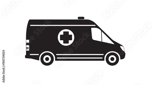 Ambulance medical vehicle with a white cross symbol on a black background, representing emergency medical services