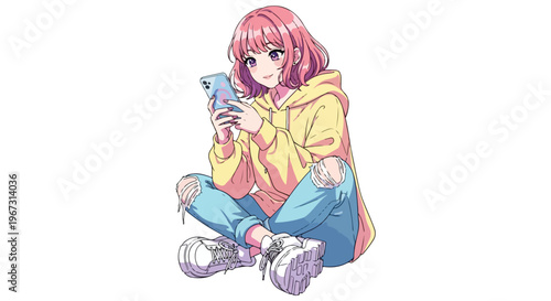 アニメスタイルで描かれたスマートフォンを操作する若い女性のイラスト, 黄色のパーカーとダメージジーンズを着用して座る女の子のベクター素材, ピンクの髪のキャラクターがスマホを見る日常の風景, ポップで現代的なファッションの女性