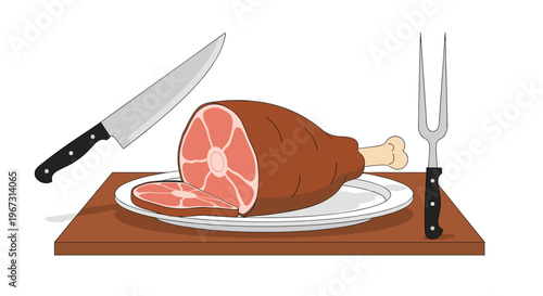 Savory roast ham served on a white platter with a sharp kitchen knife and a long carving fork ready for slicing at a family dinner or holiday feast.