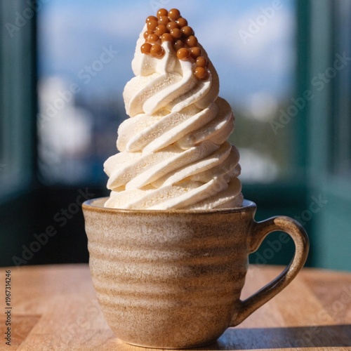 A soft serve ice cream swirl topped with caramel pearls sits in a textured brown mug