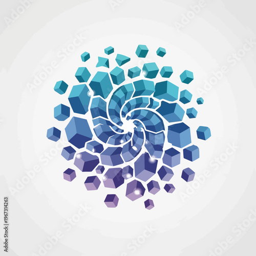 Abstract spiral design composed of geometric shapes in shades of blue and purple.