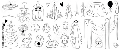 Hand-drawn wedding decor elements, champagne tower, round table, candle, bow, decorative shell, swan, fountain, wedding dress