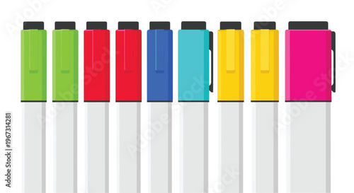 Vibrant row of multi-colored felt-tip markers or highlighters standing upright against a white background for art, school, and office supply needs.