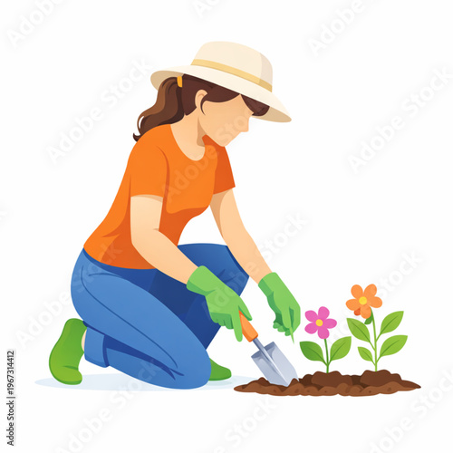 Woman planting flowers gardening nature activity