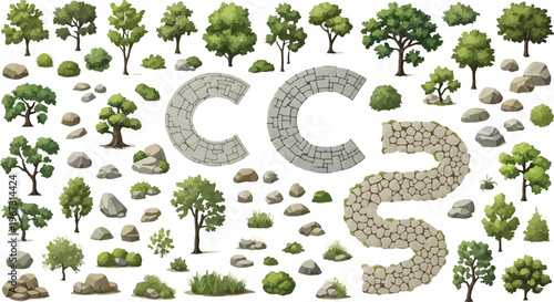 Landscape design vector elements set, green garden trees and shrubs with stone path icons, outdoor environment map creator kit for architectural planning