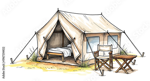 Glamping tent with a bed and outdoor seating in a natural setting  