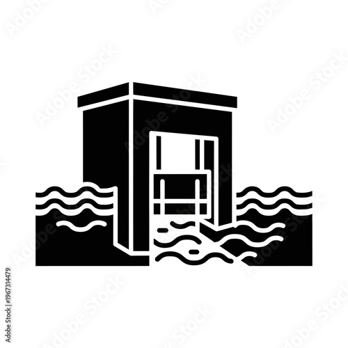 Black and white illustration of a flood control structure with water.