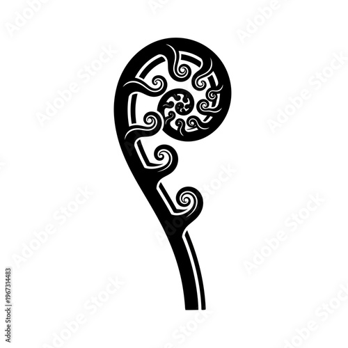 Black and white illustration of a Maori Koru fern frond design.