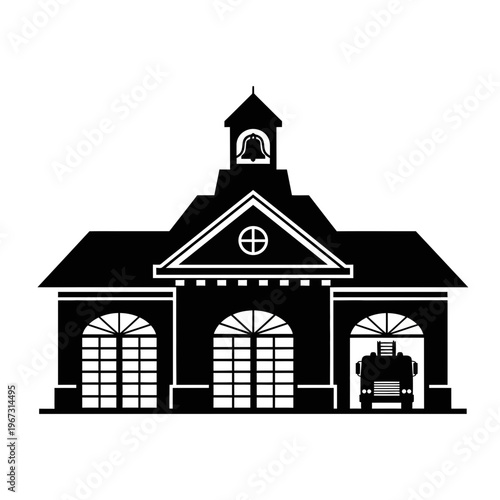 Black and white illustration of a fire station with a bell tower and fire truck inside.