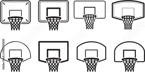 Black silhouette illustrations of basketball hoops and backboards isolated on transparent background