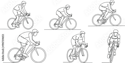 Cycling Sports and Fitness Illustration Set with Athletes Riding Bikes in Various Poses for Active Lifestyle and Sports Design