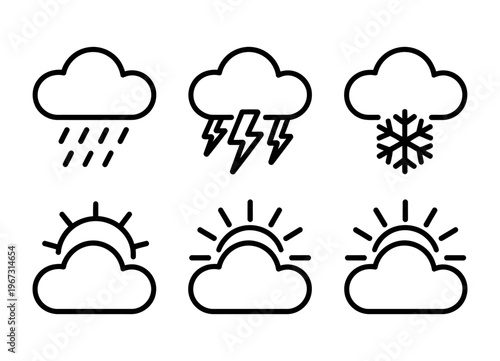 Vector depicting various weather conditions including rain thunderstorms and snow with sun icons in a minimalist style