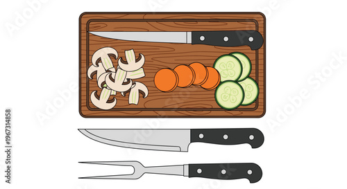 Wooden cutting board prepared with sliced mushrooms, carrots, and cucumbers accompanied by a chef knife and a carving fork on a clean white background.