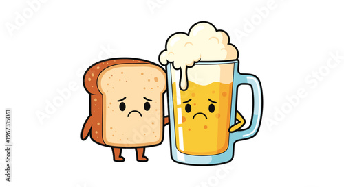 Humorous and sad cartoon illustration of a slice of bread and a large mug of beer with melancholy faces leaning against each other on white background.