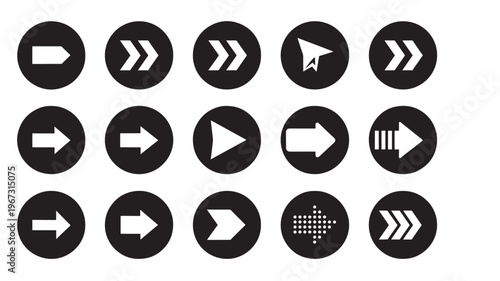 Arrows icons set with varied designs and directions in black circles for navigation and direction indication.